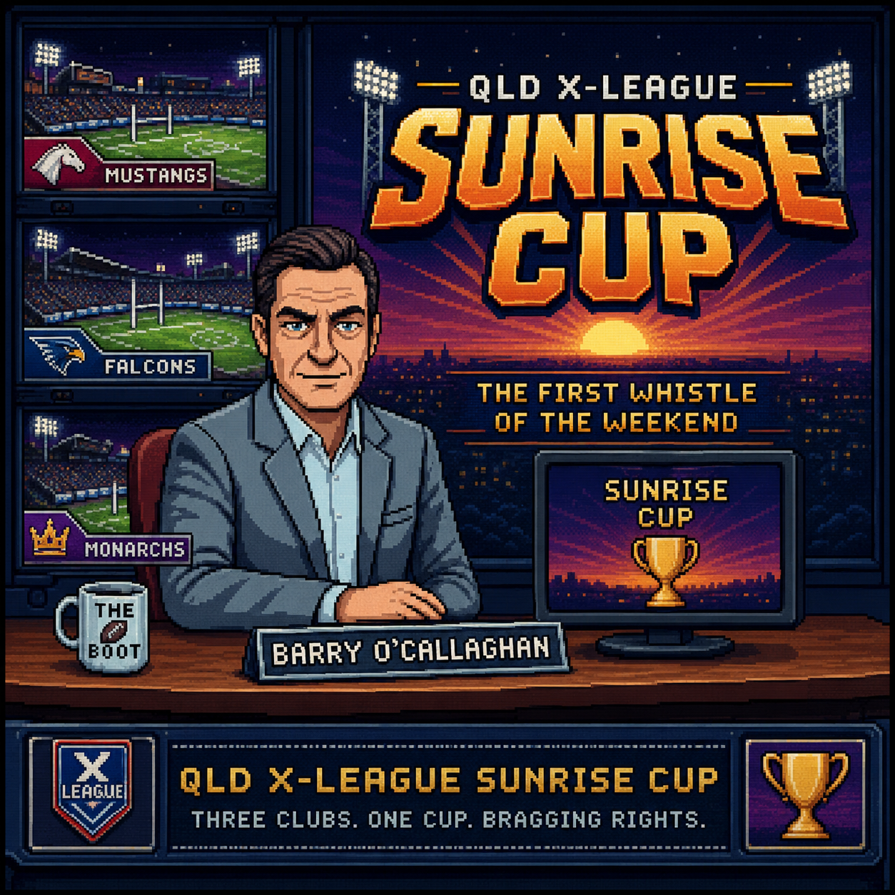 Barry ‘The Boot’ O’Callaghan at the Sunrise Cup broadcast desk