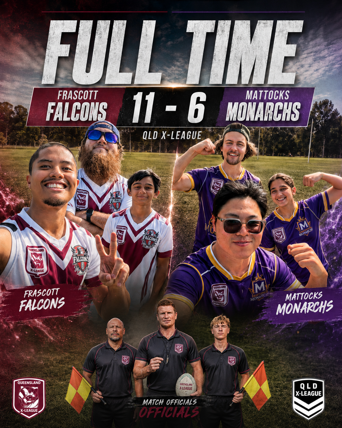 Round 4 result poster — Falcons 11–6 Monarchs